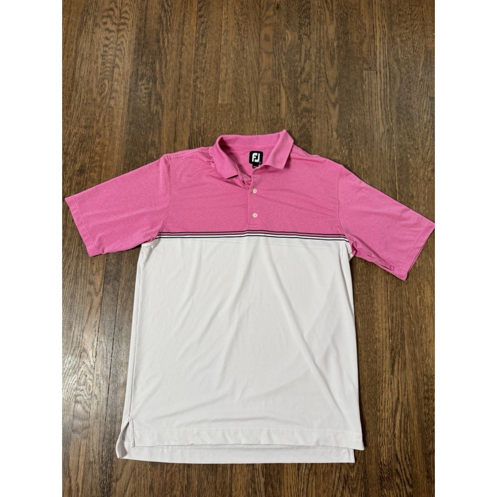 FootJoy Mens Size Large Pink White Two Tone Performance Golf Polo Shirt L Stripe